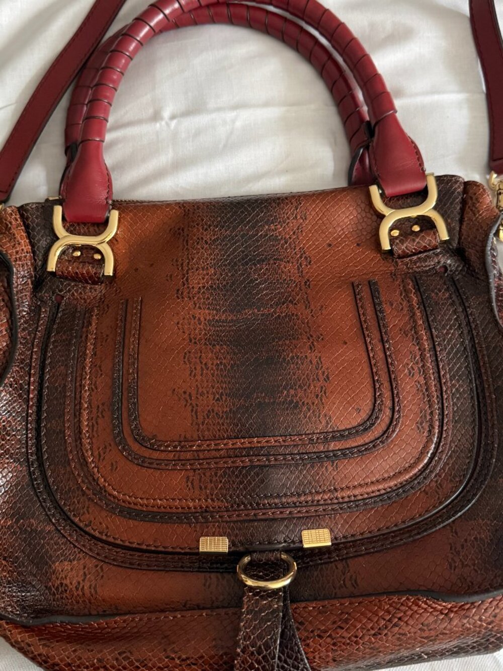 Chloé Marcie Satchel – Brown Snakeskin / Burgundy Leather